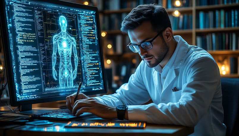 Квантовый программист - профессия будущего. Специалист работает с голографическим интерфейсом квантового компьютера в футуристической лаборатории.