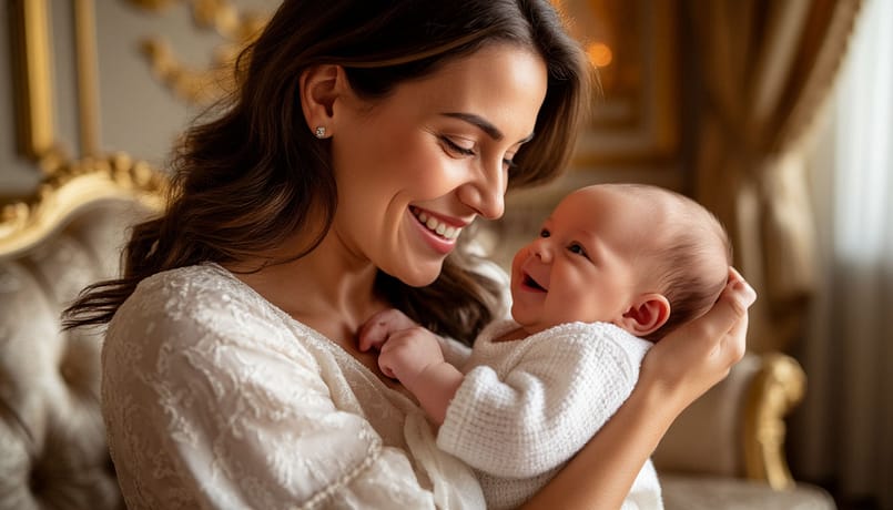 счастливая мать в домашней обстановке держит на руках ребенка двух месяцев, поддерживает рукой его голову, ребенок улыбается и смотрит матери в глаза