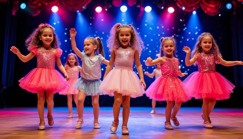 счастливые дети разных возрастов танцуют на сцене эстрадный танец, красивые костюмы, декорации, много световых эффектов