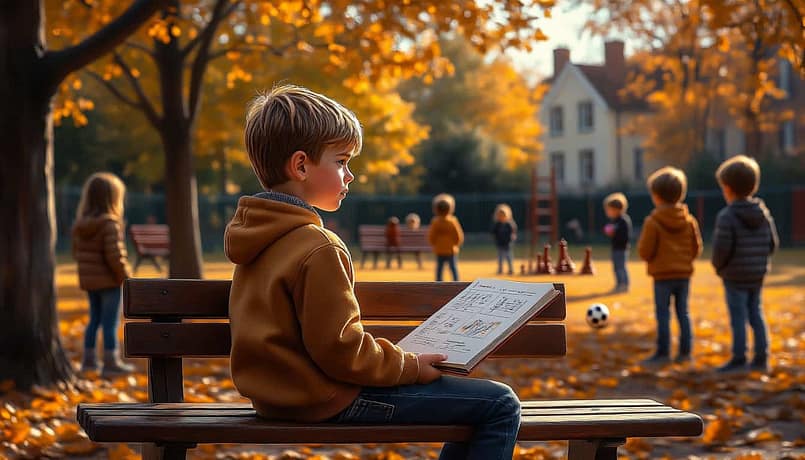 Мальчик сидит один на скамейке на детской площадке, с беспокойством наблюдая за другими детьми, которые играют в спонтанную, шумную игру с мячом без четких правил. Он держит в руках книгу с графиками -- символ порядка и планирования. Эмоции: одиночество, тревога, нерешительность. Стиль -- фотореалистичное изображение, золотой час, длинные тени.