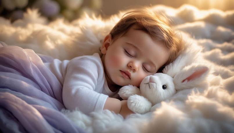 Обложка журнала для родителей, профессиональный портрет. Спящий ребенок 9 месяцев с игрушечным пушистым белым кроликом в руках. Малыш лежит на облаке из белой ткани, его черты лица освещены мягким золотистым светом, создающим легкое свечение (эффект глоу). Фон — идеально размытое светлое поле с нежным градиентом небесно-голубого и лавандового цветов. Эфирная, воздушная атмосфера. Стиль: fine art, высокая детализация кожи и текстуры игрушки.