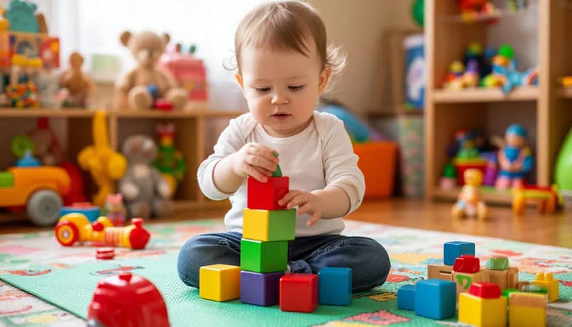 годовалый ребенок собирает башню из кубиков