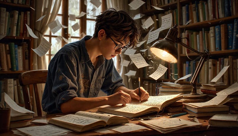 увлеченный идеей подросток-дигитал работает над ней в своей комнате. Он окружен облаком летающих бумажек с формулами, книгами. свет настольной лампы выхватывает его сосредоточенное, озаренное гениальной идеей лицо. Магия открытия, глубокой концентрации, забытье о времени. Визуальная метафора глубины мышления -- теплые, уютные тона.