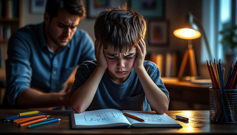 Мальчик сидит за столом и плачет над домашним заданием. Он в отчаянии, обхватывает голову руками. На столе тетрадь с математическим примером, карандаши и ластик. На заднем плане размытая фигура родителя смотрит с беспокойством. Драматичная атмосфера, вечер, мягкий свет от лампы.