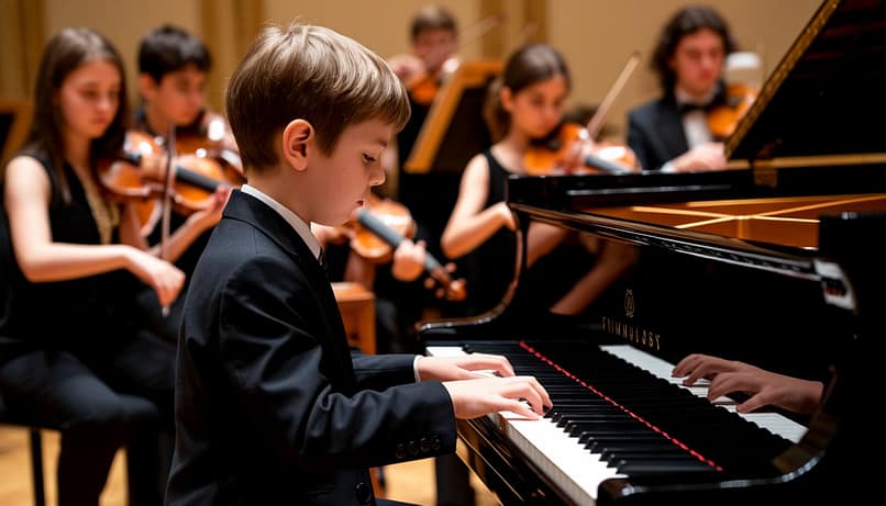 мальчик играет за роялем в сопровождении оркестра