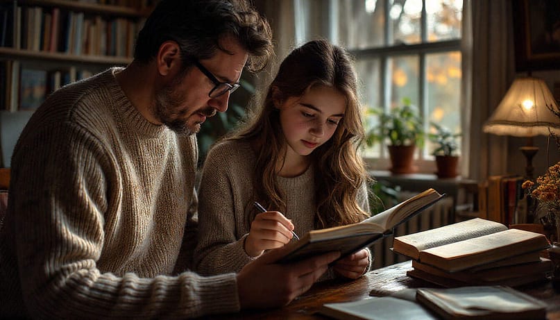 Отец помогает дочери пятнадцати лет искать информацию в книге. Она задает вопросы, взрослый помогает найти ответ. Теплая и доверительная атмосфера домашнего обучения. Мягкий свет, уютная комната.