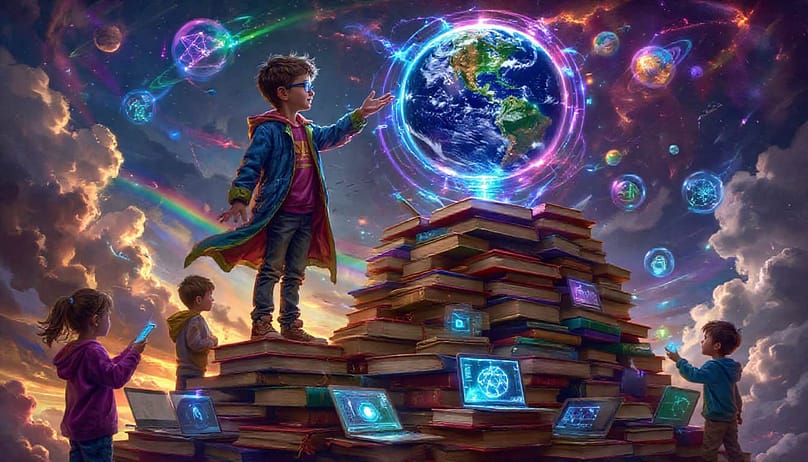 Визуальная метафора интеллектуального роста и поиска единомышленников. Ребенок-аналитик стоит на вершине горы, сложенной из книг и ноутбуков. Он протягивает руку к голографическому глобусу. К нему сходятся другие дети-единомышленники, несущие символы знаний: микроскопы, схемы и математические формулы. Стиль -- футуристичный магический реализм, светящиеся элементы, насыщенные цвета.