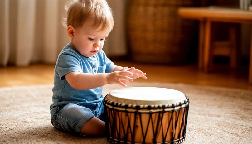 дошкольник играет на барабане