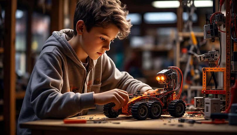 Мальчик-аналитик за сборкой собственного робота на столе, усыпанном электронными компонентами, проводами и схемами. Юный инженер сосредоточенно паяет микросхему, демонстрируя интерес к робототехнике и сложным проектам. На заднем плане — ноутбук с кодом и книги по программированию.