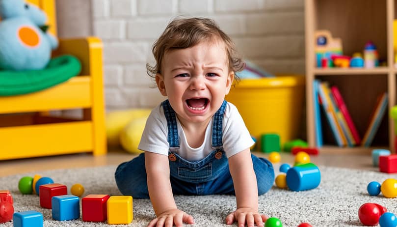 ребенок до трех лет в истерике, плачет, сидит на коврике, вокруг него разбросанные игрушки