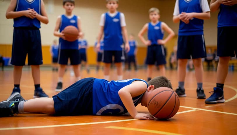 мальчик с баскетбольным мячом упал на пол, вокруг него стоят другие баскетболисты