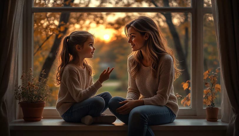 Мама и дочь десяти лет, сидят вместе на большом подоконнике у окна в светлой комнате. За окном — мягкий закат, деревья, слегка шелестит листва. Мама берет ребенка за плечи, они смотрят друг на друга. Ребёнок что-то рассказывает, с легкой улыбкой и жестом руки. Свет теплый, как вспышка заката и включенная настольная лампа. Стиль: реалистичный, немного сказочный, с акцентом на источниках света