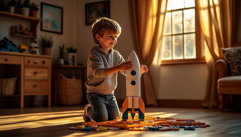 ребенок собирает ракету из конструктора в своей комнате, он очень увлечен