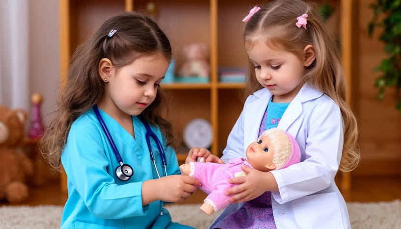 дошкольницы играют в больницу: лечат куклу