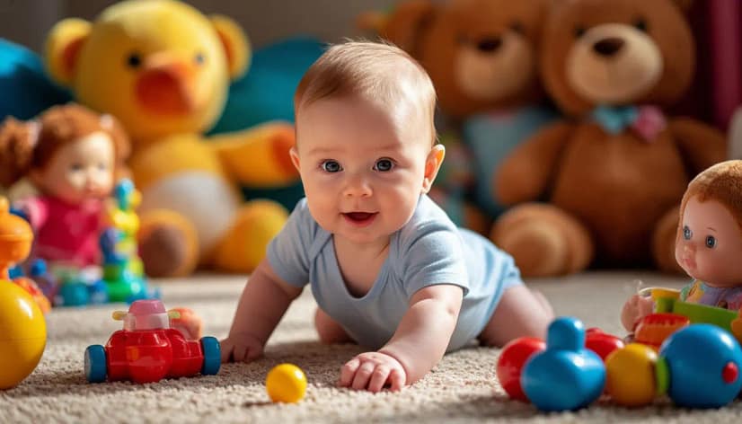 младенец среди игрушек