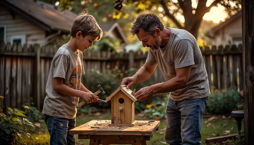 отец с сыном делают скворечник