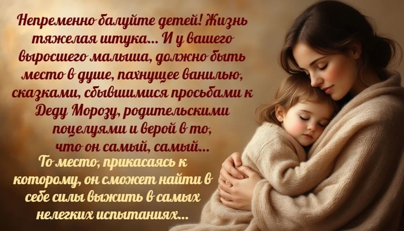 открытка с цитатой - Непременно балуйте детей! Жизнь тяжелая штука… И у вашего выросшего малыша, должно быть место в душе, пахнущее ванилью, сказками, сбывшимися просьбами к Деду Морозу, родительскими поцелуями и верой в то, что он самый, самый… То место, прикасаясь к которому, он сможет найти в себе силы выжить в самых нелегких испытаниях…