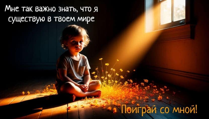 A powerful conceptual portrait, cinematic and symbolic. A child sits in a dim, monochrome room, looking directly at the viewer with a hopeful yet vulnerable expression. A shaft of warm, golden light from a window (representing the parent's gaze) falls only on them. Where the light touches, the child and the floor around them burst into color and life - small, glowing flowers sprout from the floorboards, and the child's clothes gain vibrant hues. The contrast between the dark, undefined space and the island of color is stark. Dramatic lighting, hyperrealistic.