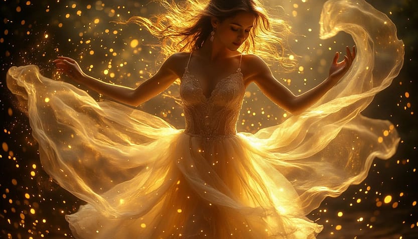 Магия танца как видимая музыка. Одинокая танцорша в луче лунного света, ее тело — это инструмент, а движение — заклинание. Каждый взмах руки оставляет за собой шлейф из мерцающих частиц света, подобных светлячкам или звездной пыли. задний фон размыт, золотая пыль, сияние, дымка, Эфирные, полупрозрачные ткани развеваются вокруг, заполняя собой все пространство, сливаясь с энергией движения. Выразительное лицо, полное абсолютной концентрации и духовного экстаза. Сюрреалистичная аура, где гравитация побеждена, а в воздухе витают символы и руны, рожденные от импульса жеста. Волшебное, таинственное настроение, глубокие синие и фиолетовые тона с акцентами золотого света. Кинематографичное качество, высокая детализация. весь фон - в сиянии звезд и магических вихрей, планет. платье разлетается и закрывает большую часть фона