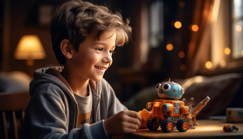 Мальчик двенадцати лет рассматривает новую игрушку, 4K, высокая мягкость фона