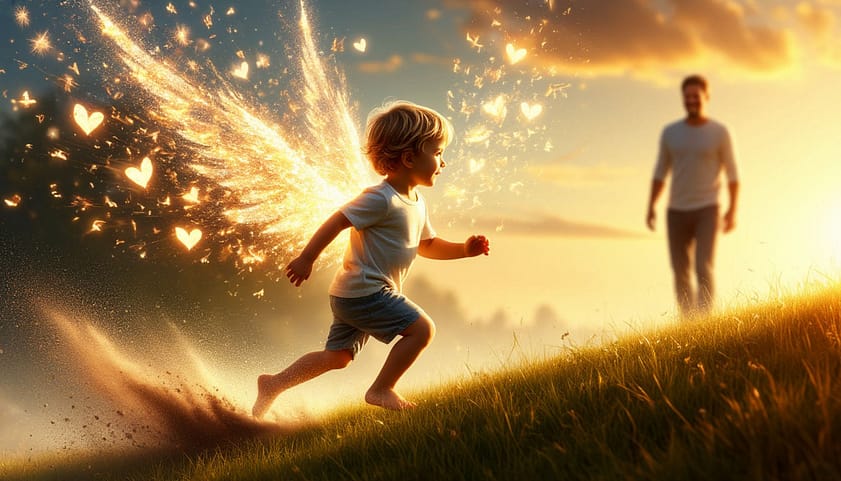 ребенок с золотыми сверкающими крыльями бежит вверх по холму, за ним наблюдает отец