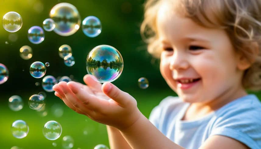 ребенок ловит мыльные пузыри