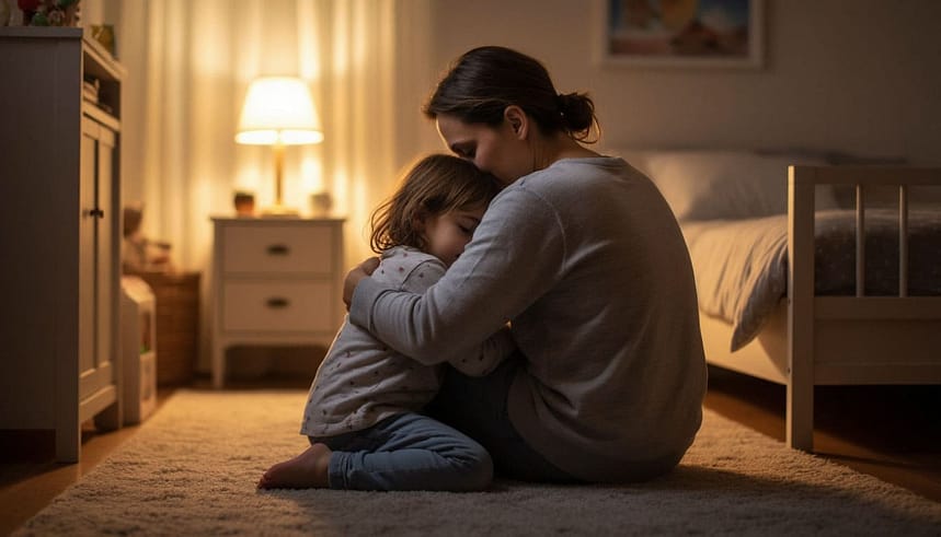 Теплая, уютная сцена в детской комнате при мягком вечернем свете. мать обнимает ребенка, сидя на ковре у кровати. Голова ребенка доверчиво лежит на плече матери, его глаза закрыты, выражение лица спокойное. Вид сзади, чтобы сосредоточиться на жесте объятия и атмосфере умиротворения.