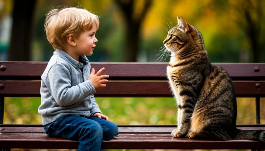 ребенок 5 лет сидит на лавочке и разговаривает с котом