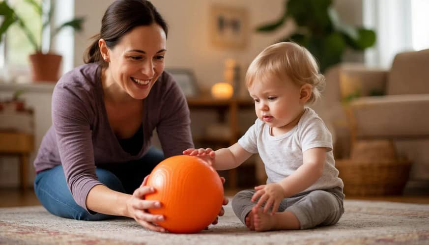 мать дает оранжевый мяч ребенку до года
