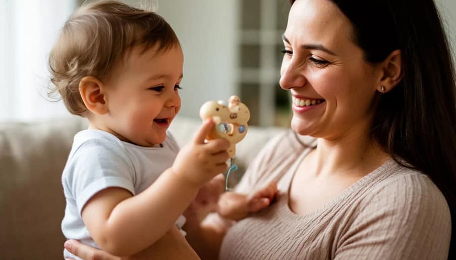 мать держит на руках ребенка одного года