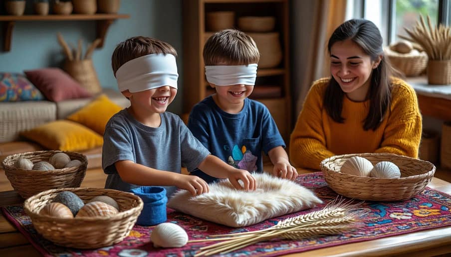Дети с повязкой на глазах угадывают предметы. Один мальчик улыбается, пальцами ощупывает шишку, другой — осторожно трогает кусочек меха. На столе — корзинки с разными предметами: камень, ракушки, колосок пшеницы. Рядом — взрослый ведущий, наблюдает с улыбкой. Комната светлая, уютная: ковёр, мягкие подушки, полки с природными материалам