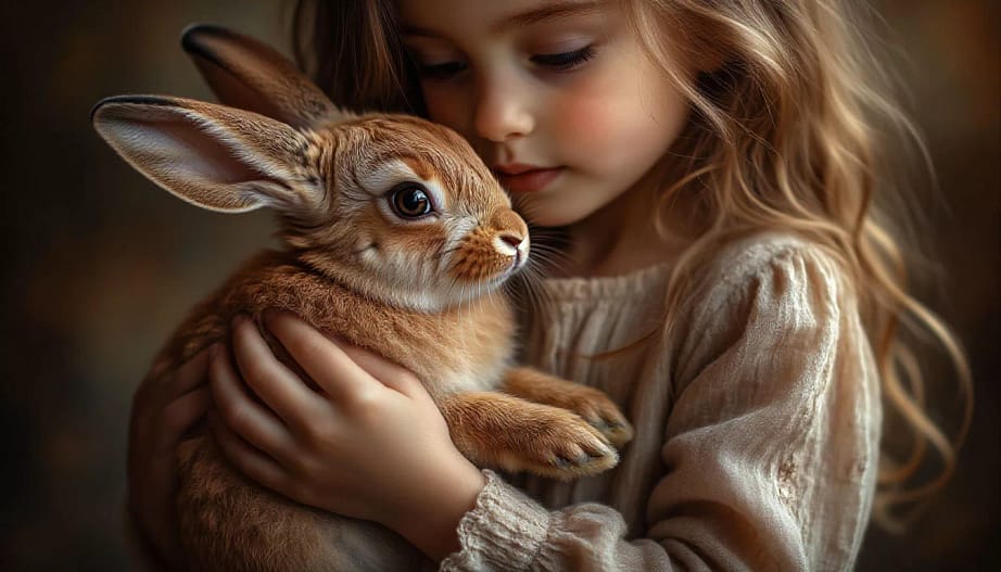 девочка семи лет держит в руках пушистого кролика