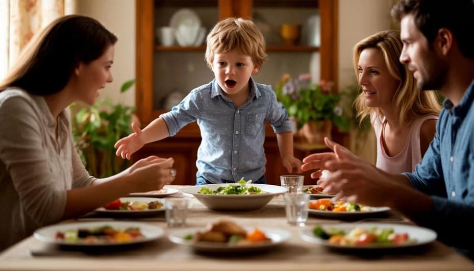 ребенок бегает вокруг стола, где обедают родители. Они пытаются его остановить