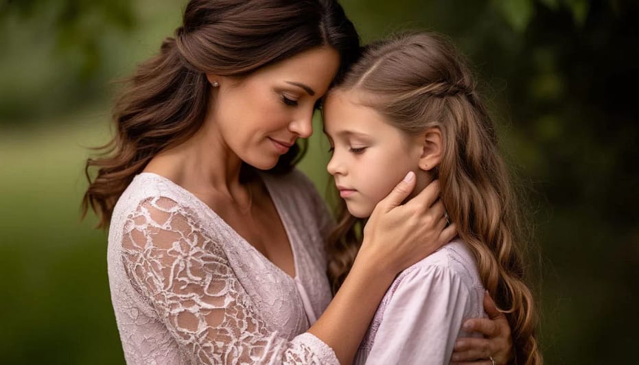 мать нежно обнимает дочь, считает, что недостаточно дает ей любви