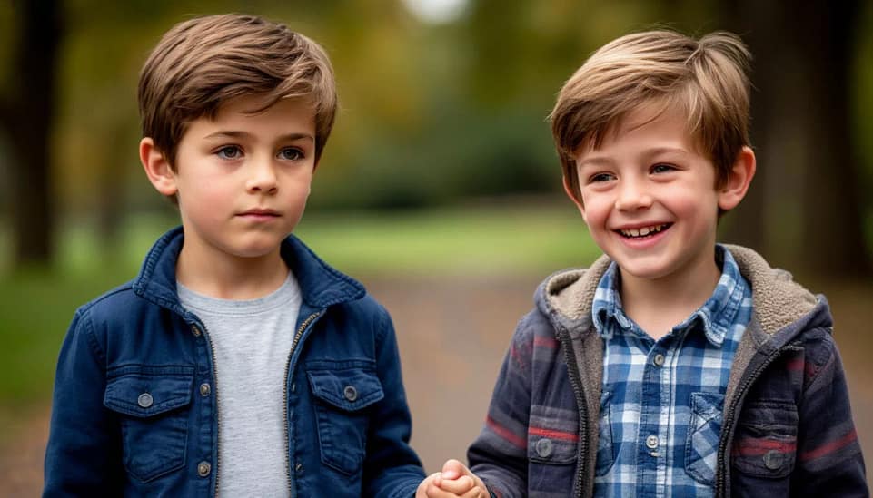 дружба интроверта с экстравертом - два мальчика держат друг жоуга за руку