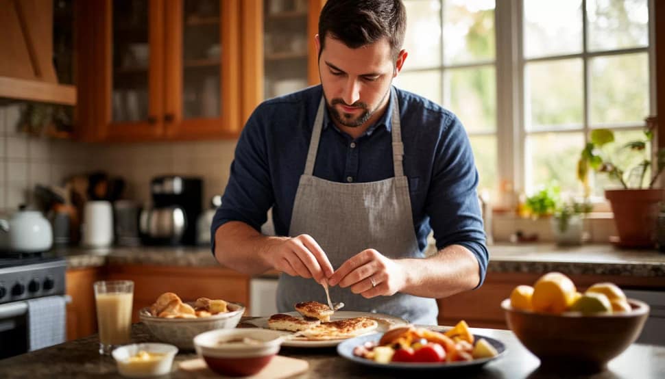 Отец готовит завтрак на кухне, на столе оладушки, какао, фрукты