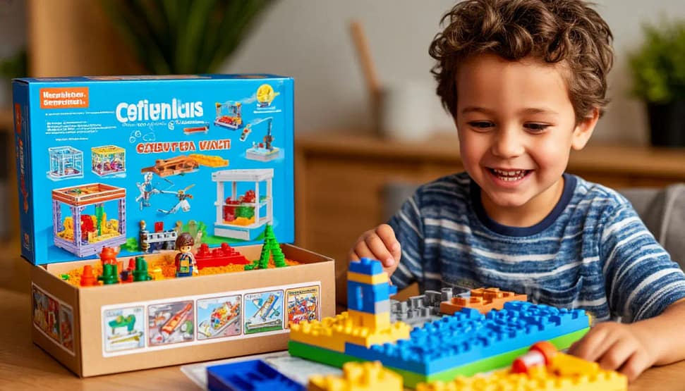 мальчик восьми лет собирает лего на столе