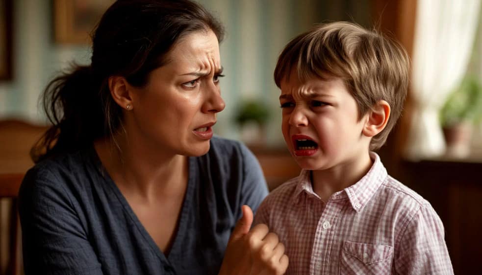 мать ругает ребенка десяти лет, тот плачет