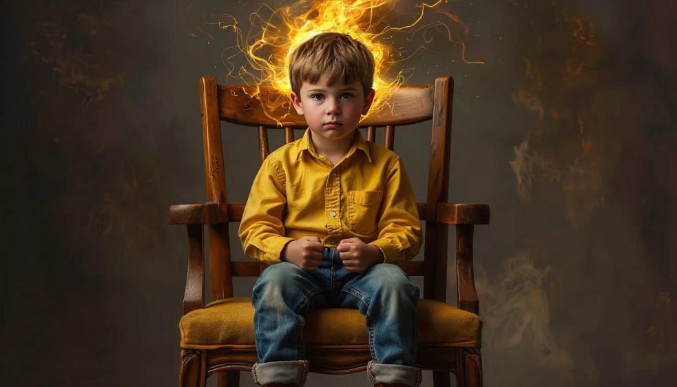 Ребенок-экстраверт которого **буквально усадили на слишком большой стул**. Он сидит с неестественно прямой спиной, руки сжаты в кулаки на коленях, ноги напряженно поджаты под сиденье. Ключевые детали 1) Видимые волны сдерживаемой энергии: Стилизованные золотые или электрические импульсы/вибрации исходят от его тела (особенно от сжатых кулаков, скрещенных ног, зажатых плеч). 2) Над его головой силуэт его же 'взрывного' альтер-эго** в динамичном прыжке или беге. 3) **'АЭС' на пределе: 4) Окружение: Стул стоит посреди скучной, слишком аккуратной комнаты